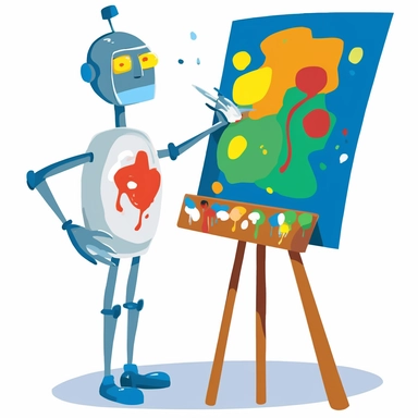in a clipart style: a robot painting at an easel with a classic cartoon pallete, a human demonstrating how to paint