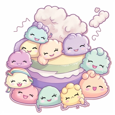 Cloud, Rainbow, Snuggle, Laughter, Fluffy, Chibi, Bunting, Candy-colored, Lavender, Bubblegum, Peachy, Seafoam. clipart, hd, on a white background, centered