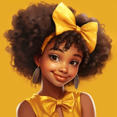 illustration concept of cartoon african girl with a bow clip art, in the style of lilia alvarado, yellow and gold, poodlepunk, walt disney, realistic portrait drawings, charming anime characters, 32k uhd