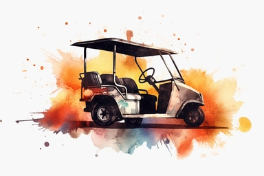 watercolor, golf cart driving into sunset clipart, HD, on white background, spaced out