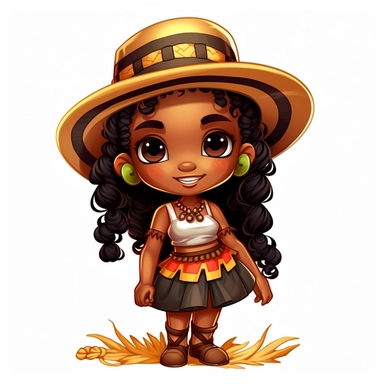 little cute melanin girl , braids in her hair, ribbons, smiling, beautiful festa junina dress plaid, hugh eyes, straw hat on her head, boots, embarressed with black outline, sneakers, clipart, chibi, big hugh eyes,