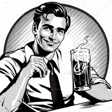 a egocentric man with happy face , in style of 1950`s , drinking a coke looking to the camera, black and white clipart