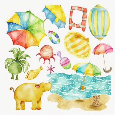 watercolor clipart, summer clipart, summer watercolor, single design, seperate, beach toys