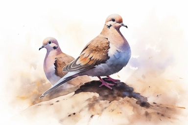 pair of mourning doves. use a combination of vibrant colors and subtle variations in color to capture the freshness and vitality of the scene. Let the transparent and flowing nature of watercolors add a sense of lightness and movement to the painting, clipart, plain isolated white background, 8k ultra detail high sharpness
