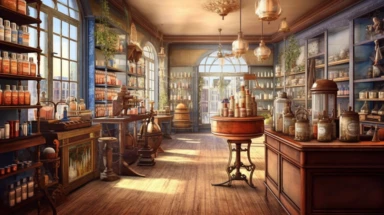 illustration, realistic interior of a vintage 1896 perfumery and pharmacy with some perfume bottle boxes incense boxes, atmospheric sunset lighting, Clipart, watercolor, realistic, full building, highly detailed, hdr, 32K, photo expert quality, watercolor realistic, hyperrealistic and highly detailed