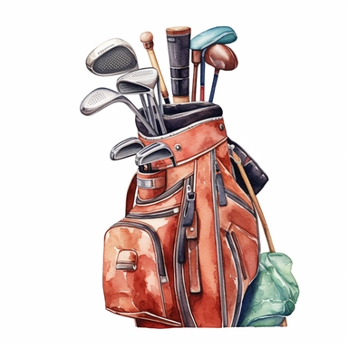 Idyllic watercolor clipart of a golf bag and clubs, isolated on a pure white background, insane detail,
