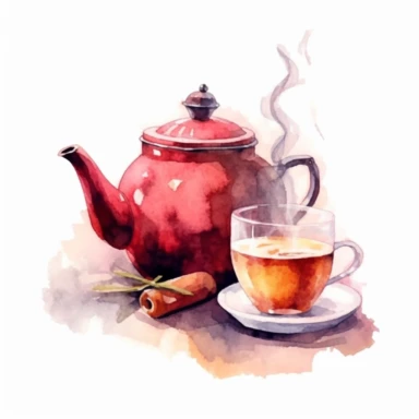 watercolor clipart on a white background, cozy steaming cup of tea and a tea kettle