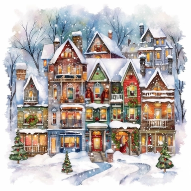 Christmas village, Clip art, magical, enchanting, wreaths, snow-covered streets, Watercolor, colorful buildings, sparkling, charming, detailed, glittery, shiny, twinkling lights, festive, ornate, traditional, whimsical, Michael Powell Style, white backgro