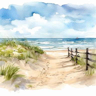 Beach at Atlantic Ocean, Cape May, New Jersey on a beautifull summer day, coastal clipart, watercolor Illustration, Sublimation graphics, by Beatrix Potter, Watercolor clipart, single design, print on demand image, PNG transparent background
