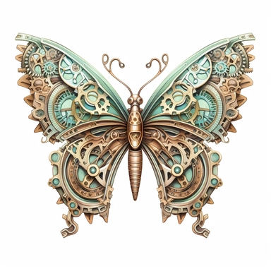 A delicate butterfly with wings detailed with intricate clockwork gears and cogs, with its colors echoing the shine of Chocolate Brown and Mint Green watercolour clipart, white background, no watermarks