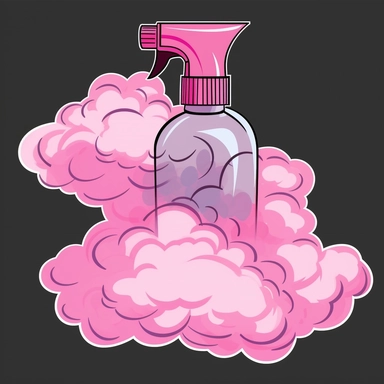 Pink plastic spray bottle close up smoke cloud clipart vector comic book style