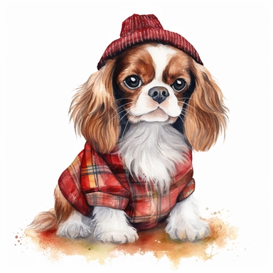 create various styles in many poses of a beautiful original high quality highly detailed watercolor clipart image of a very small happy and adorable king charles cavalier puppy wearing a red plaid sweater, include high detail to the puppys fur and eyes, include fall colors, white background, no text, no font, no word