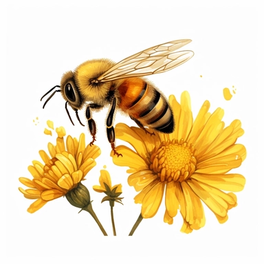 honey bee collecting resting on a flower clipart, on isolated white background, H