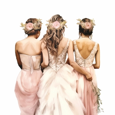 glamour dolce & gabbana half body back shot, watercolor white wedding dress bride wedding brunette hairstyle with beautiful gold headpiece clipart, + two bridesmaids in pink dress, hd, isolated on white background, spaced out ar 3:2