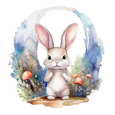 Easy to cut, Dreamy watercolor cute bunny in an imaginary forest clipart