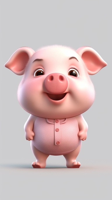 Front view of animated big belly pig standing wearing t-shirt character design, full body, face drawing in top quality, high quality face drawing, clipart, full illustration, 4k, sharp focus, Soft skin, symmetrical, detailed face, concept art, storybook style, chibi kawaii. Octane rendering, 3D, perfect face, detailed face, delicate face, sharp lips. Perfect, detailed eyes