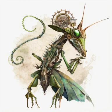 steampunk mantis, watercolor, clipart, white background