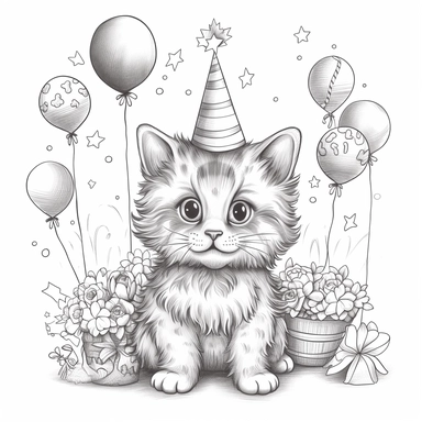 birthday cat clipart for colouring book in black and white