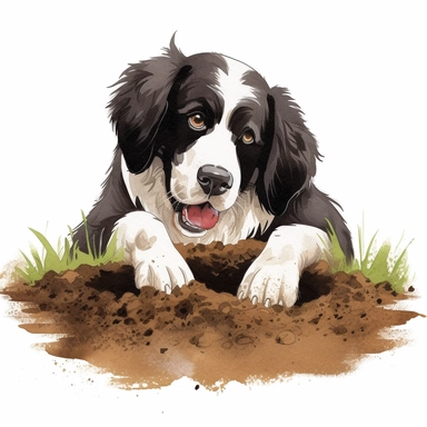 Landseer, digging in the dirt, cartoon, Clipart, white background, no text, no caption