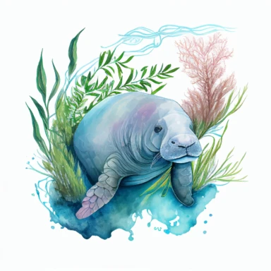 hand drawn Florida manatee, in crystal blue water, underwater with plants, very detailed and realistic, watercolor, white background with margins, clipart style