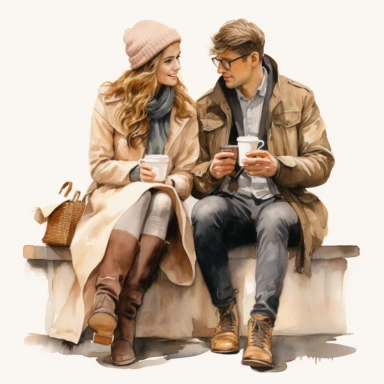 Travel Watercolor Clipart, a man and a woman, best friends, drinking coffee, pastel color, single object ,isolated on white background, highly detailed, hand painted watercolor illustration by Cath Kidston, Emma Bridgewater, png transparent background, white background for removing background - - no text shadow font watermark