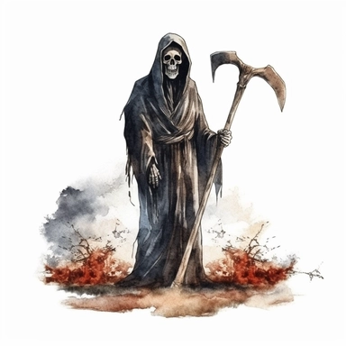 Grim Reaper hold the scythe, standing next to the tombstone, skulls Sublimation Clipart, watercolor Illustration clipart, 4K, extremely detailed, isolated on white background