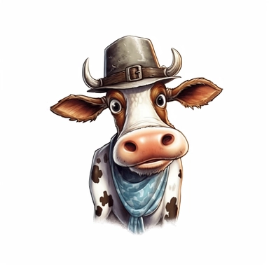 funny cow with cowboy hat sublimation clipart, hd, detail, illustration style, high solution, on the white background