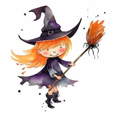 watercolor halloween clipart - watercolor cute witch on broomstick - halloween clipart, single design