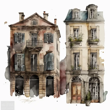 Watercolor French old buildings Clipart, white background, no captions