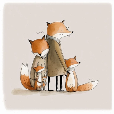 watercolor and ink drawing of a portrait of a family of three happy foxes, one mom fox, one dad fox, one baby fox, clipart, embracing each other, cute pose, cartoon, doodle, happy, smiling, beautiful watercolor ink wash coloring, thick pencil lines, Jon klassen, Adrian tomine, popular on etsy, watercolor illustrations clipart, watercolor illlustrations for kids and children, book illustrations, plain white background