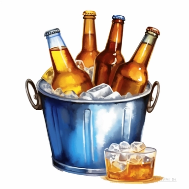one ice bucket and beer bottle clipart on a white background, in the style of ink wash painter, light azure and dark amber, light amber and silver, light gold and light amber, luminous 3d objects , no watermark, text, 300 DPI , typography, shapes do not stick together, no text in the picture, on a white background