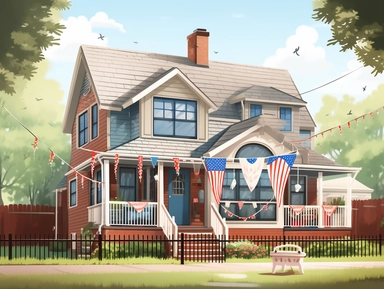 A festive clipart of a suburban house decked out in American flag bunting and decorations for Independence Day.