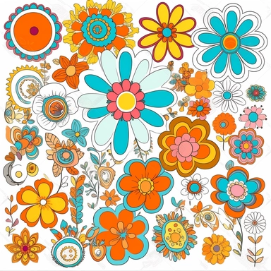 2 Groovy, retro, hippie, flower power, spaced apart, digital printable clipart, crisp vector line art minamilist, white background