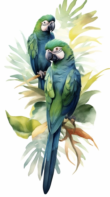 watercolor parrots clipart dark green leaves realistic white background pastel hues deailed 8k golden light