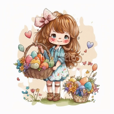 watercolor cartoon chibi young girl holding a vasket of easter eggs clipart, flat watercolor style, popular on etsy, featured on dribble, watercolor illustration clipart, watercolour clipart, watercolor illlustration for kids and children, book illustration, print on demand image, PNG tranparent background no watermark, text, word, multiple hands, multiple foot, multiple leg, multiple finger, frame v 4 1