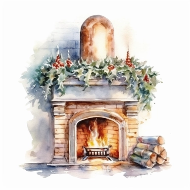 watercolor style, beautifully decorated christmas fireplace with slightly visible part of the wall behind it clipart, isolated on white background, 4K
