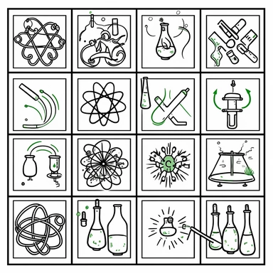 chemical reactions, simple line art, clipart style, science theme, black lines with white background, a quadrant with 1 image in each quadrant, beakers, test tubes, tripods, Bunsen burner