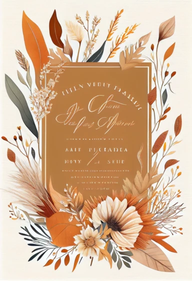 beautiful, intricate, sharp focus, light orange, tan, and brown fall colors, incorporate small thanksgiving pumpkins, turkey feathers, thanksgiving holiday invitation with white fluffy tail flowers,white wintergreen berries, dried grasses, dried leaves, dried flowers, show entire invitation, no border, clipart, on white background, flat lay, extreme detail, wedding invitation,