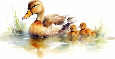 Adorable mother and baby duck, lake, countryside, vivid colours, ornamental watercolor clipart, white background, I can’t believe how beautiful this is
