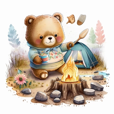 Cute Baby Camping Bear baking food Watercolor Clipart,Cartoon,hyper realistic, intricate detail, illustration style,can printable,high solution,on the white background