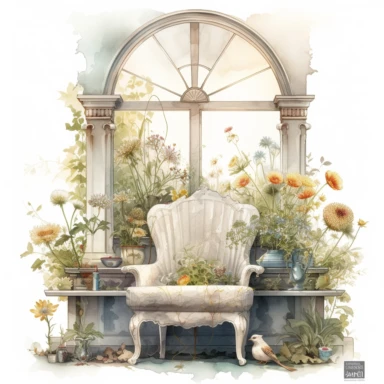 watercolor mixed media masterpiece beautiful white royal windowsill with shelf and chair, richly decorated with dandelion, pots with flowers, bedroom interior, provence, shabby shic style, by Todd Schorr style and by Rodney Matthews style and by William Timlin style and Amy Judd style, Baroque style, PNG clipart, isolated on white, extreme photorealistic details, 32k HD resolution, realistic high detailization high resolution