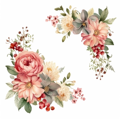 An elegant floral frame composed of lush foliage and vibrant flowers forms a beautiful border, creating a stunning wedding floral clipart. The intricate arrangement captures the essence of natural beauty, adding a touch of romance and elegance to any design or project.