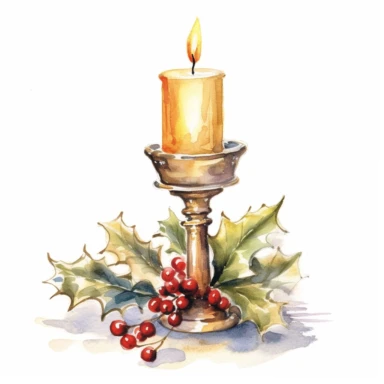 a single tall candle in a candle holder burning with holly and berries, clipart, watercolor style--q2--v5.1--s1000