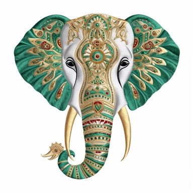 Flat illustration, Delicate embroidery depicts the head of traditional Chinese elephant head dance, with green and gold as the main colors, bright lighting, unimaginable details, a lot of negative white space, uhd, 16k,white background, clipart