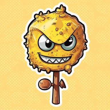 doodle a hammer hit down on a cute ball like monster in the head, transparent background, yellow body, vector clip art