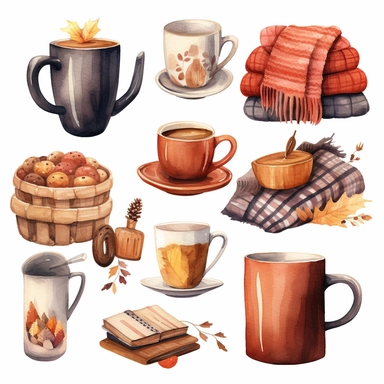 Watercolor Illustrate clipart sets featuring warm and cozy autumn essentials like sweaters, scarves, hot drinks, blankets, and bonfires, whitebackground