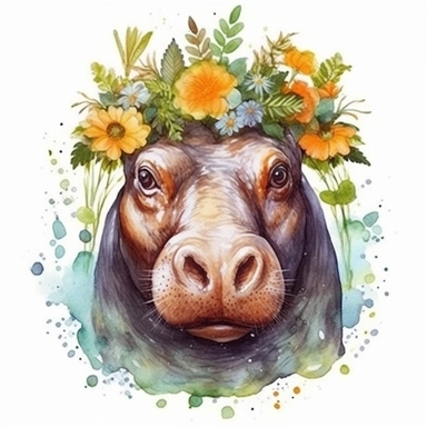 Clipart of a hippopotamus sitting in a field of water with crown of the flowers and green leaves, watercolor painting, white background, featured on pixiv, computer art, watercolor, digital illustration, detailed painting, realistic