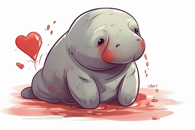 Cute Manatee in valentine Day clipart, cartoon, white background,