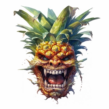 An intricate watercolor of the scary face of a pineapple demon. watercolor, white background, clipart, ultra high detail, ultrarealistic