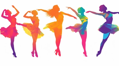 Colorful Simplistic Multiple Ballerina clip art of Female Dancers. Elegant Sophisticated Image depicting happy female dancer concentrating. No rouge faces. Each element of the Design is to be individual and totally separated and isolated on White Background, 2d Vector Clip Art for use in other designs